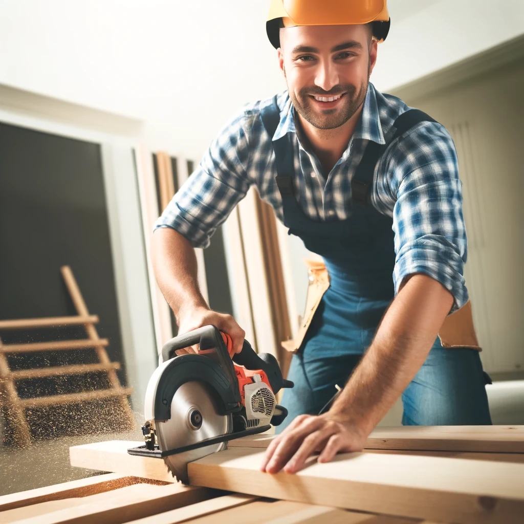 Friendly contractor using a power saw